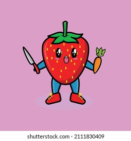 Cute cartoon mascot character strawberry holding knife and carrot in modern style design for t-shirt, sticker, logo element