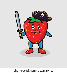 Cute cartoon mascot character strawberry pirate with hat and holding sword in modern design for t shirt, sticker, logo element