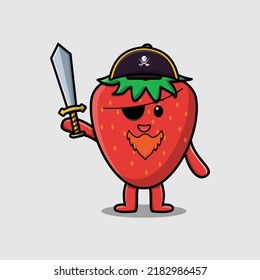 Cute cartoon mascot character strawberry pirate with hat and holding sword in modern design