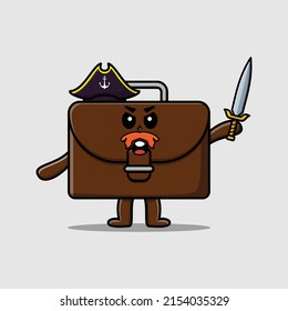 Cute cartoon mascot character suitcase pirate with hat and holding sword in modern design