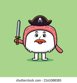 Cute cartoon mascot character sushi pirate with hat and holding sword in modern design