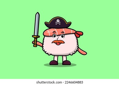 Cute cartoon mascot character Sushi shrimp pirate with hat and holding sword in modern design