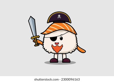 Cute cartoon mascot character Sushi pirate with hat and holding sword in modern design