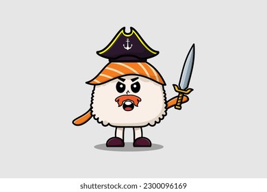 Cute cartoon mascot character Sushi pirate with hat and holding sword in modern design
