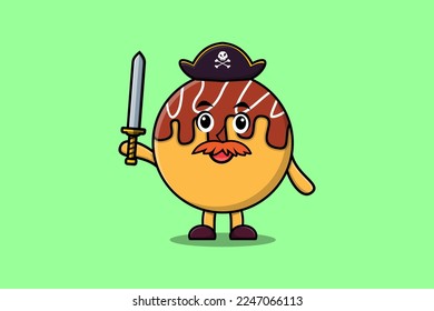 Cute cartoon mascot character Takoyaki pirate with hat and holding sword in modern design