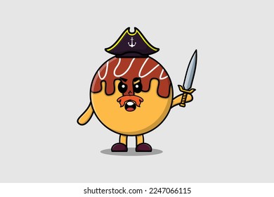 Cute cartoon mascot character Takoyaki pirate with hat and holding sword in modern design