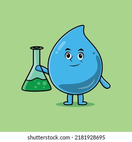 Cute cartoon mascot character water drop as scientist with chemical reaction glass