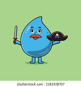 Cute cartoon mascot character water drop pirate with hat and holding sword in modern design