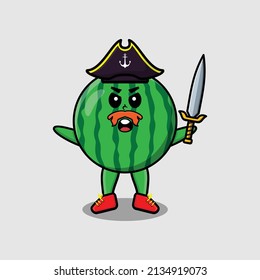 Cute cartoon mascot character watermelon pirate with hat and holding sword in modern design