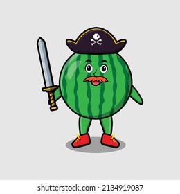 Cute cartoon mascot character watermelon pirate with hat and holding sword in modern design