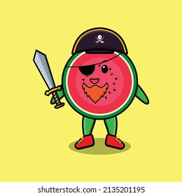 Cute cartoon mascot character watermelon pirate with hat and holding sword in modern design