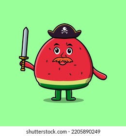 Cute cartoon mascot character watermelon pirate with hat and holding sword in modern design