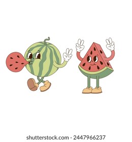 Cute cartoon mascot character watermelon whole and slice with peace hand gesture vector illustration set isolated on white. Retro groovy natural organic healthy food vegetables fruit print poster