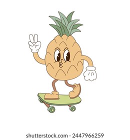 Cute cartoon mascot character whistling pineapple on skateboard showing peace gesture vector illustration isolated on white. Retro groovy natural organic healthy food vegetables fruit print poster