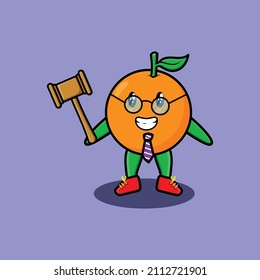 Cute cartoon mascot character wise judge orange wearing glasses and holding a hammer with cute modern style design for t-shirt, sticker, logo element