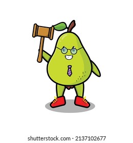 Cute cartoon mascot character wise judge pear fruit wearing glasses and holding a hammer with cute modern style design