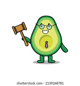 Cute cartoon mascot character wise judge avocado wearing glasses and holding a hammer