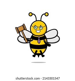 Cute cartoon mascot character wise judge bee wearing glasses and holding a hammer