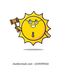 Cute cartoon mascot character wise judge sun wearing glasses and holding a hammer