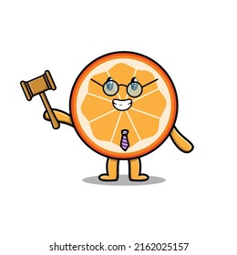 Cute cartoon mascot character wise judge orange fruit wearing glasses and holding a hammer