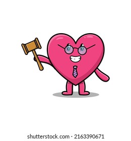 Cute cartoon mascot character wise judge lovely heart wearing glasses and holding a hammer