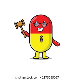 Cute cartoon mascot character wise judge capsule medicine wearing glasses and holding a hammer