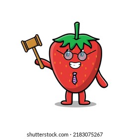 Cute cartoon mascot character wise judge strawberry wearing glasses and holding a hammer