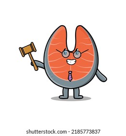 Cute cartoon mascot character wise judge fresh salmon wearing glasses and holding a hammer