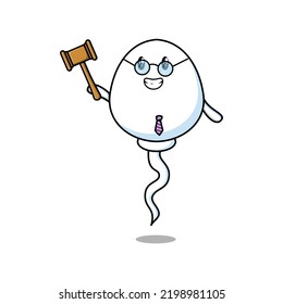 Cute cartoon mascot character wise judge sperm wearing glasses and holding a hammer