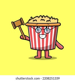 Cute cartoon mascot character wise judge Popcorn wearing glasses and holding a hammer