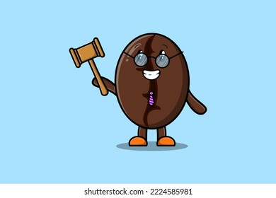 Cute cartoon mascot character wise judge Coffee beans wearing glasses and holding a hammer