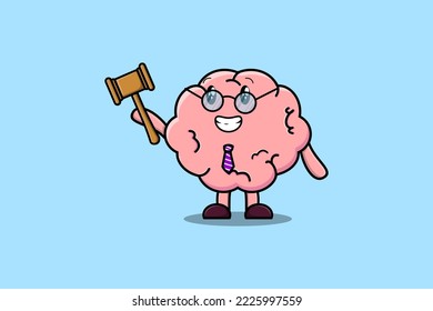 Cute cartoon mascot character wise judge Brain wearing glasses and holding a hammer