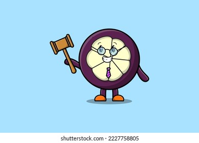 Cute cartoon mascot character wise judge Mangosteen wearing glasses and holding a hammer
