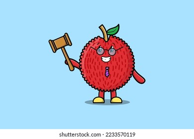 Cute cartoon mascot character wise judge Lychee wearing glasses and holding a hammer