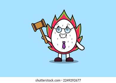 Cute cartoon mascot character wise judge Dragon fruit wearing glasses and holding a hammer