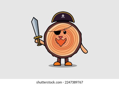 Cute cartoon mascot character Wood trunk pirate with hat and holding sword in modern design