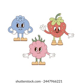 Cute cartoon mascot characters bluberry strawberry raspberry vector illustration set isolated on white. Retro groovy natural organic healthy food vegetables fruit print poster postcard design. Hand