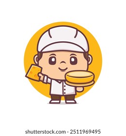 Cute cartoon mascot with cheese. Vector illustration in outline style.