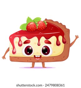 Cute cartoon mascot cheesecake with strawberry. 