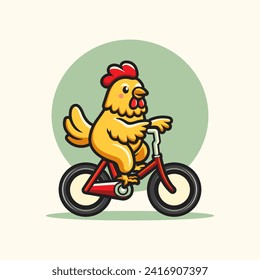 una linda mascota de caricatura de pollo montada en una bicicleta