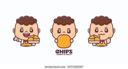 cute cartoon mascot with chips, cartoon illustration with different poses and expressions. 