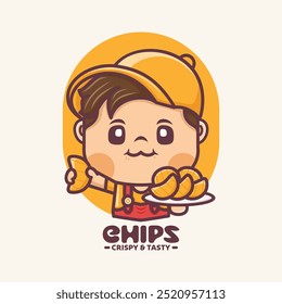Linda mascota de dibujos animados con chips. Ilustración vectorial para el negocio culinario, logotipo de la marca, etiqueta engomada, identidad de la historieta, icono, etc.