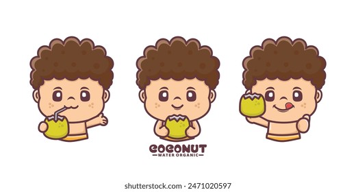 cute cartoon mascot with coconut, cartoon illustration with different poses and expressions.