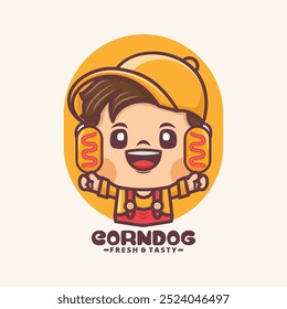 cute cartoon mascot with corn dog. Vector illustration for culinary business, brand logo, sticker, cartoon identity, icon, etc.