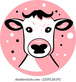 Cute cartoon mascot of cow in pink circle isolated on white background animal face vector illustration. Dairy and milk production and industry. 