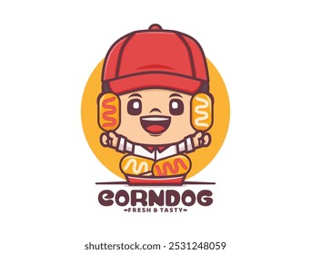 cute cartoon mascot design with corn dog, vector illustration in outline style.