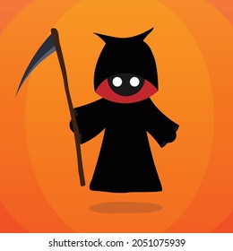 Cute cartoon mascot design grim reaper with scythe. Halloween illustration