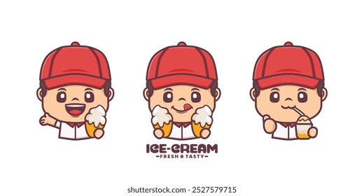 cute cartoon mascot design with ice cream, vector illustration in outline style.