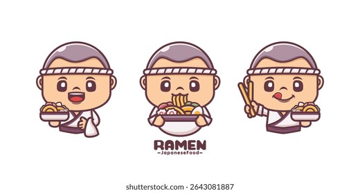 cute cartoon mascot design with japanese food ramen, vector illustration in outline style.