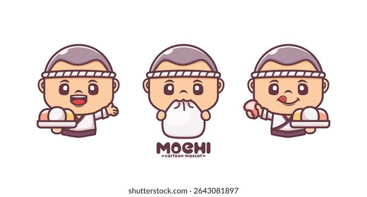 cute cartoon mascot design with japanese food mochi, vector illustration in outline style.